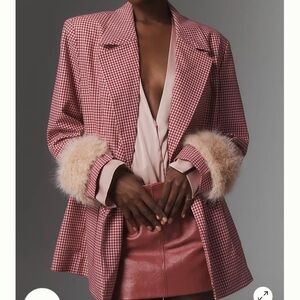 Maeve Pink Checkered Blazer with Faux Fur Accents